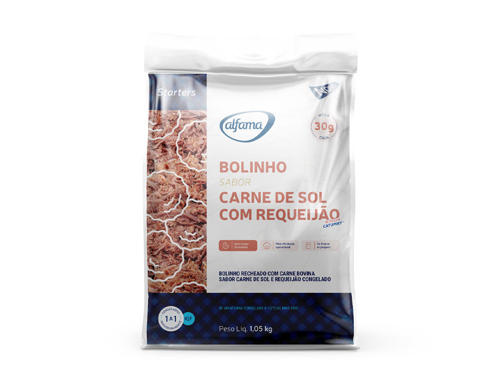 BOLINHO DE CARNE DE SOL COM REQUEIJÃO CONGELADO ALFAMA 1,05 KG (CX 3 PCT)